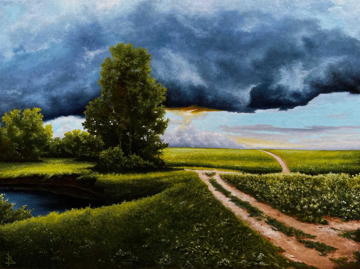 Impressionistic Landscape Oil Painting By Oleg Baulin, 31 X 24", Morning Before The Storm, Original Artwork