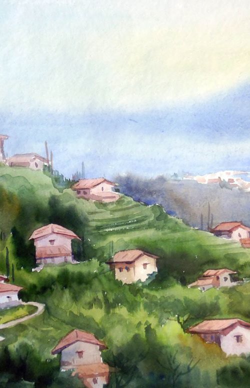 Morning Mountain Village - Watercolor on Paper by Samiran Sarkar