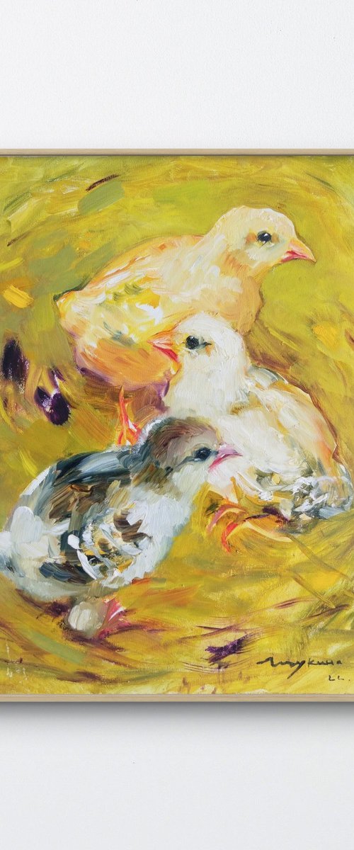 Chickens . Summer morning by Helen Shukina