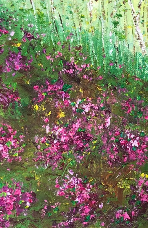 FOREST INSPIRATION - Forest. Flowers. Spring. Gift. Offseason. Miniature. Quick drawing. Three-dimensional painting. Pink flowers. Interior. Design. Landscape. Impasto. Palette knife. The Best Solution. Gift. by Marina Skromova
