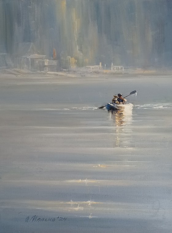 The Best Morning with the Best Friend / ORIGINAL oil painting in blueish grey tones 30x40cm (~12x16in)