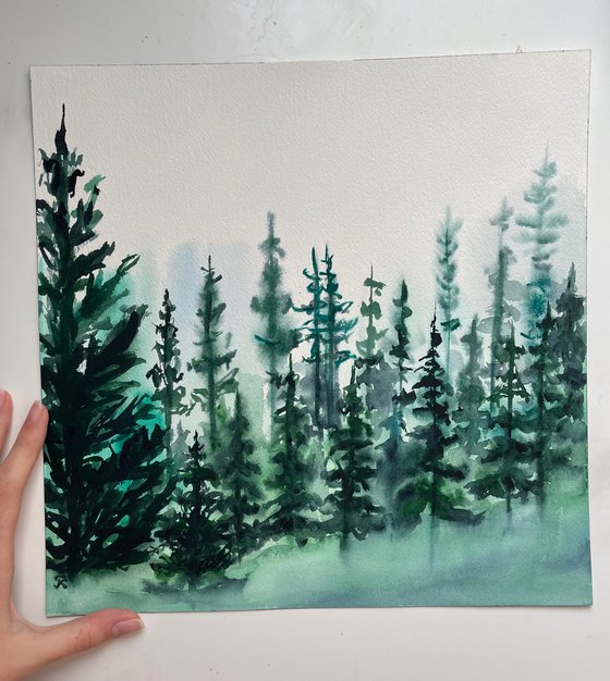 Pine Tree Art, Original Watercolor Painting, Forest Artwork, Mountain Wall Art, Christmas Gift