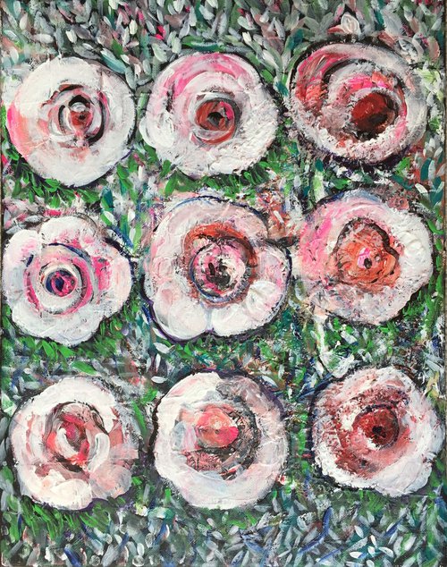Roses in Line Floral Artwork For Sale Original Flower Painting On Canvas Ready to Hang Gift Ideas Acrylic Paintings Buy Art Now Free Delivery 35x45cm by Kumi Muttu