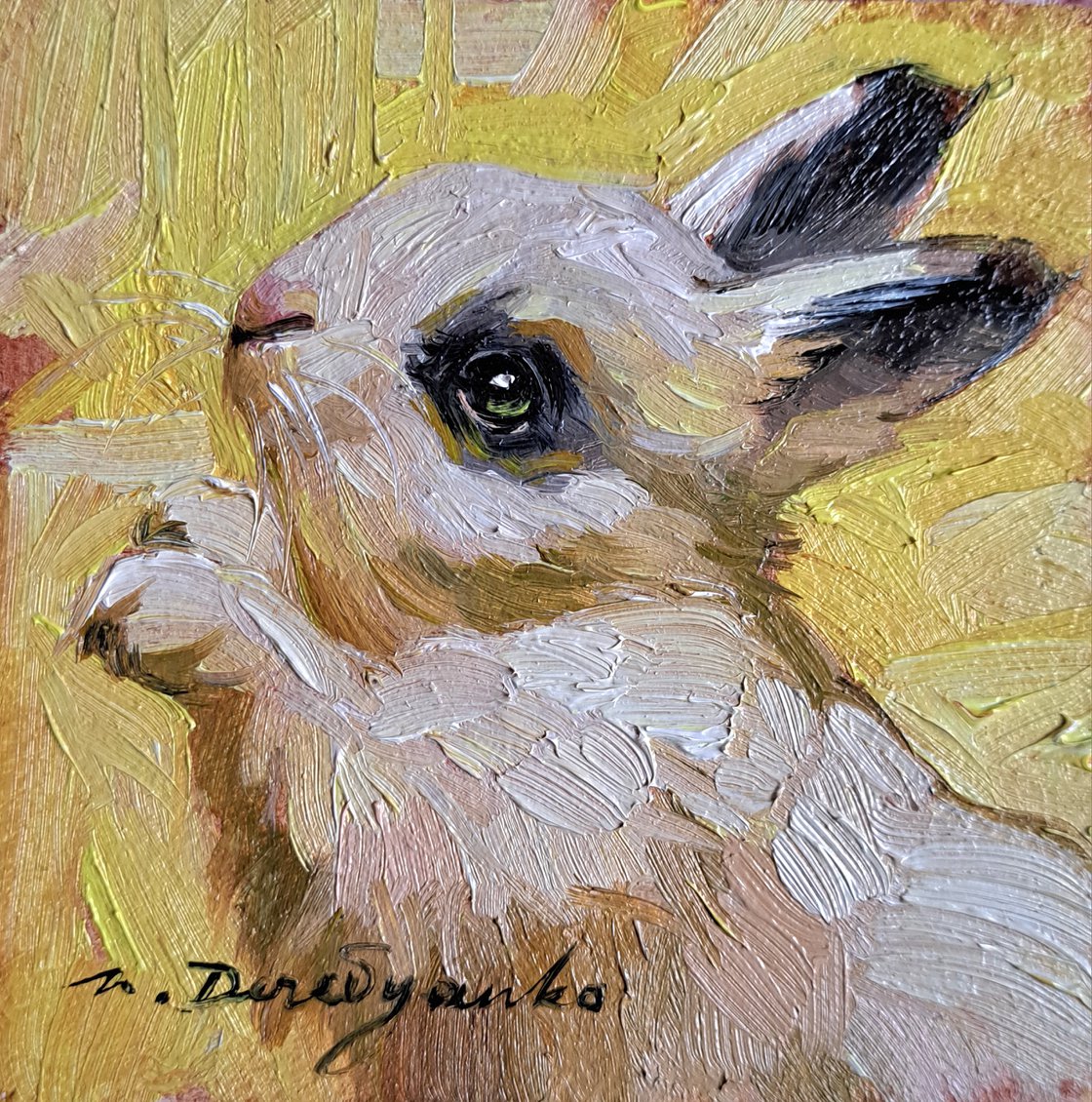 Bunny oil painting original framed 4x4 Small framed art white