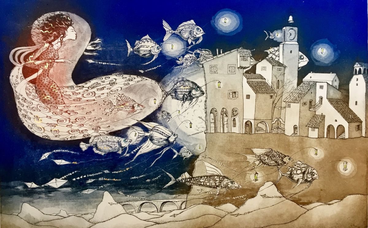 Surrealistic Landscape Etchings & Engravings By Marina Korenfeld, 22 X 15", Navigator Of Particularities, Original Artwork