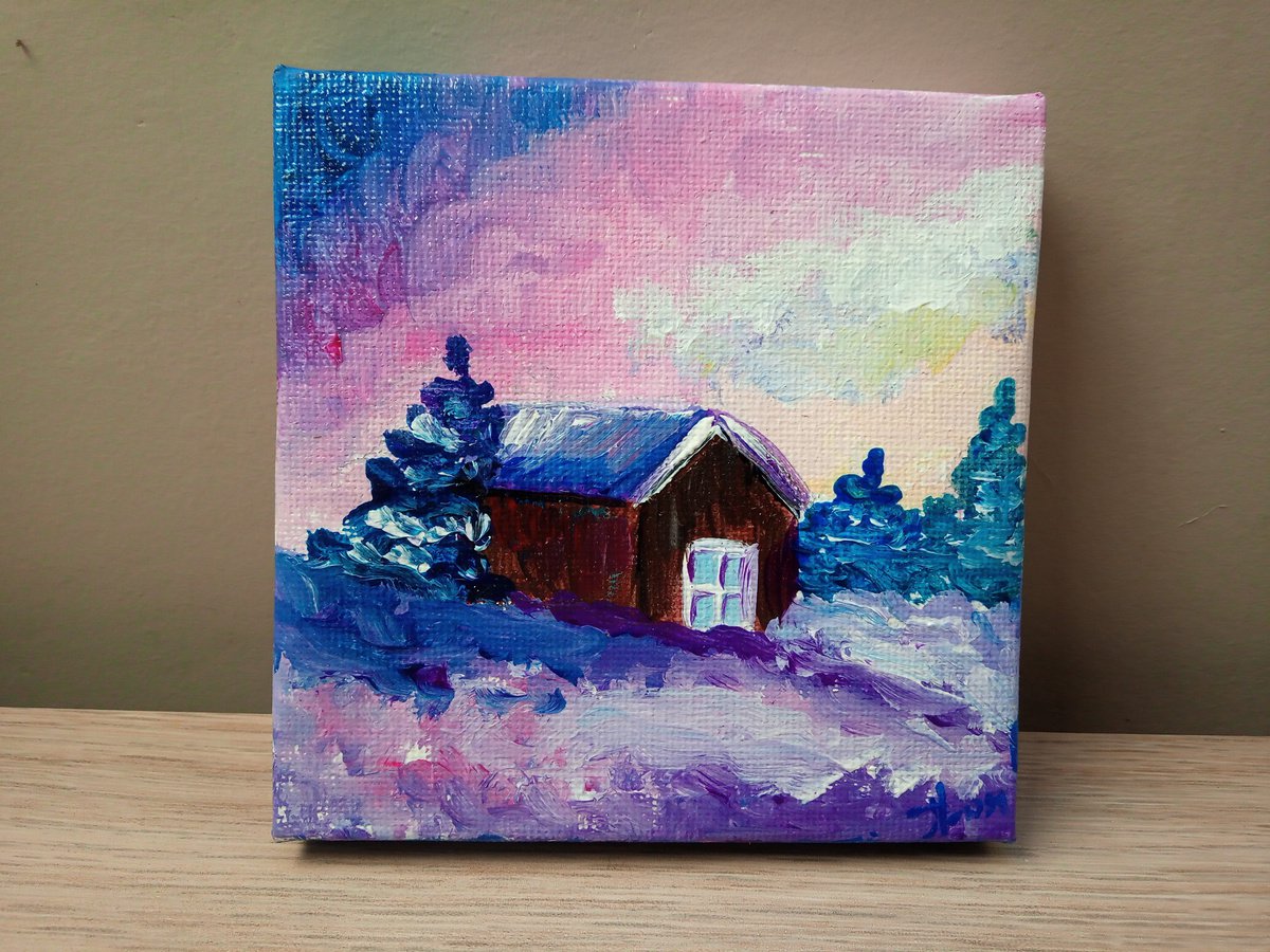 Winter sunset and tiny house. Miniature painting by Oksana Fedorova