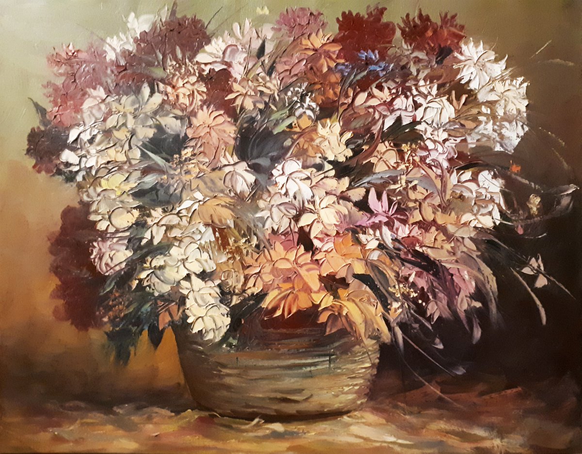 Impressionistic Botanical Oil Painting By Kamo Atoyan, 39 X 31", Abstract Flowers, Original Artwork