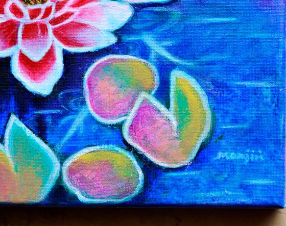 Pink lotus in pond acrylic on canvas