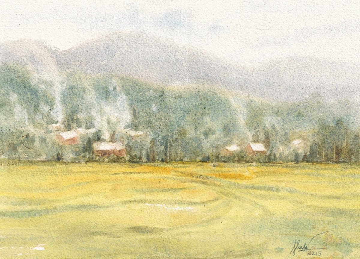 Landscape Watercolour By Hua Le, 15 X 11, Life In The Countryside, Original Artwork