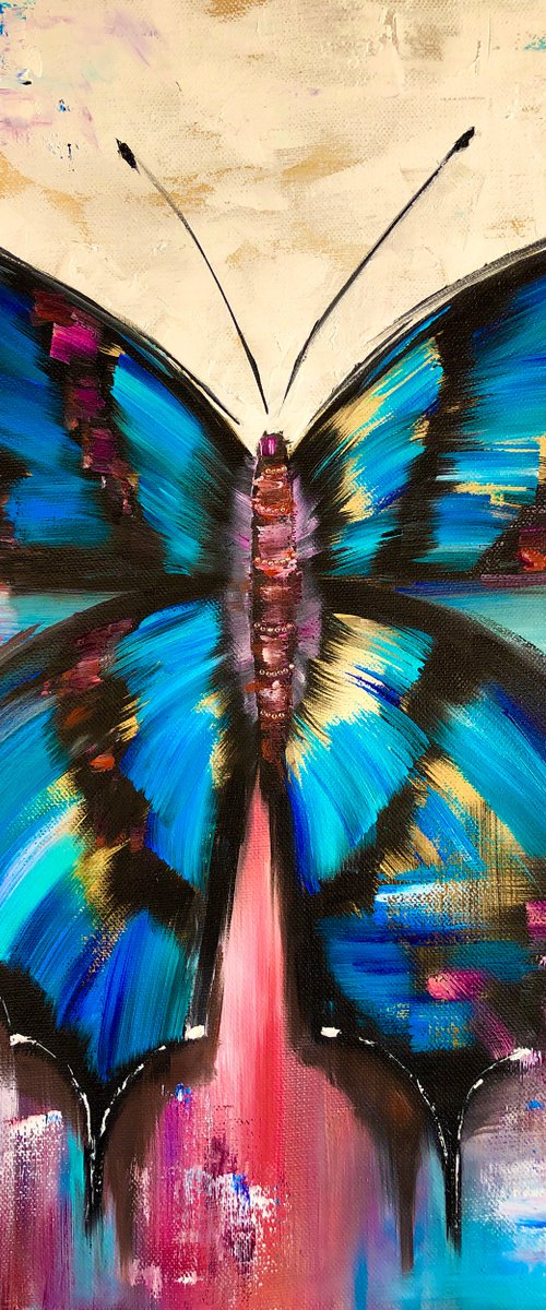 MORPHO MENELAUS -Butterfly Morpho Menelaus. Large blue butterfly. Butterfly Morpho Amatonte. Detailed drawing. Rare view. Juicy colors. Abstraction. Nature. by Marina Skromova