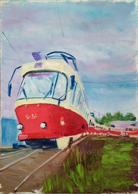 Tram depot. Pleinair painting
