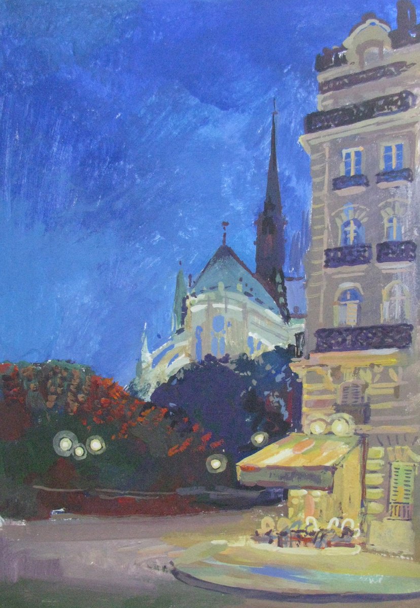 Impressionistic Cityscapes Painting By Olga Kataeva-Rochford, 12 X 16", Notre-Dame De Paris By Night, Original Artwork