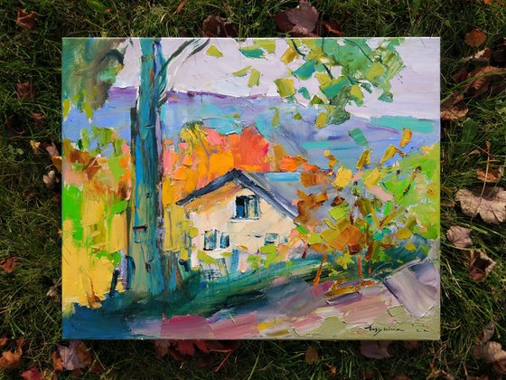 House in the mountains . Autumn garden, rest . Original oil painting