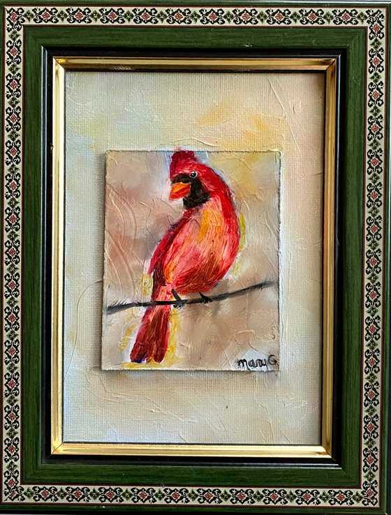 Gorgeous Cardinal Original Oil painting 5x7 on gessoed panel board