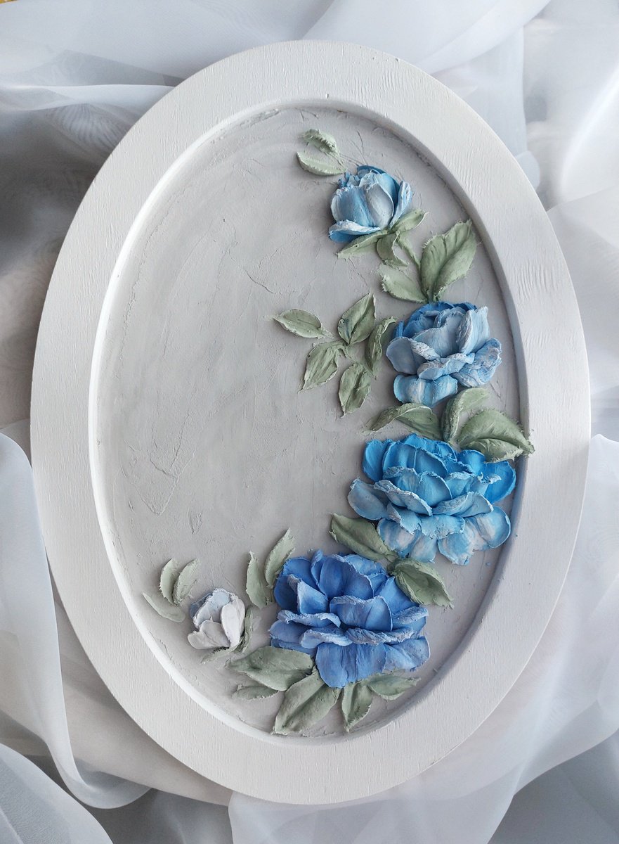 Blue roses, Gypsum panel, sculpture painting, vintage flowers, vintage panel, plaster mold... by Svitlana Brazhnikova