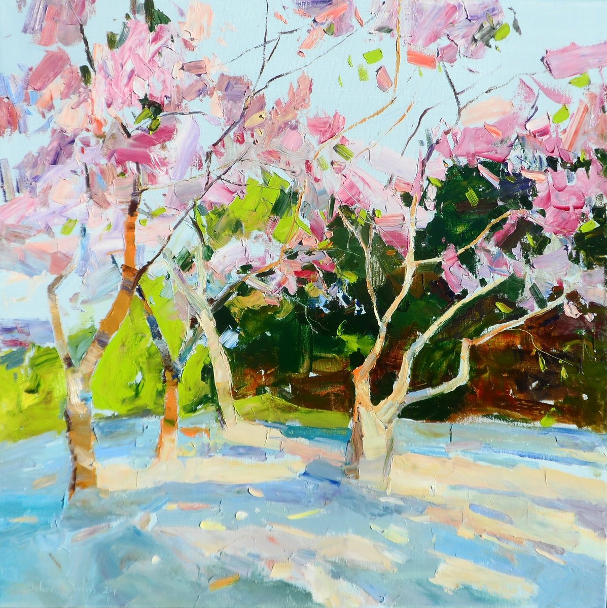 Impressionistic Landscape Oil Painting By Yehor Dulin, 31 X 31", Spring Garden, Original Artwork