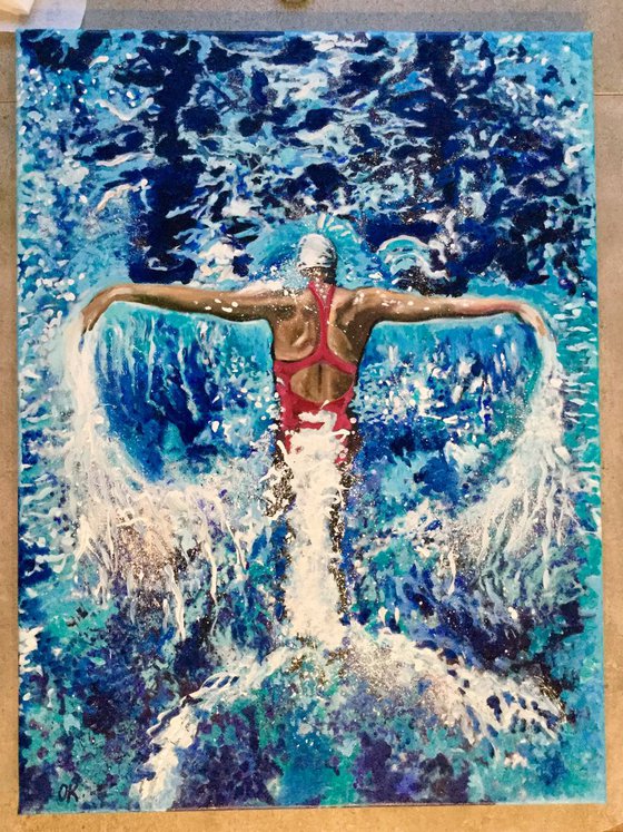 Butterfly. The Swimmer. Splashing water. Painting for sale.