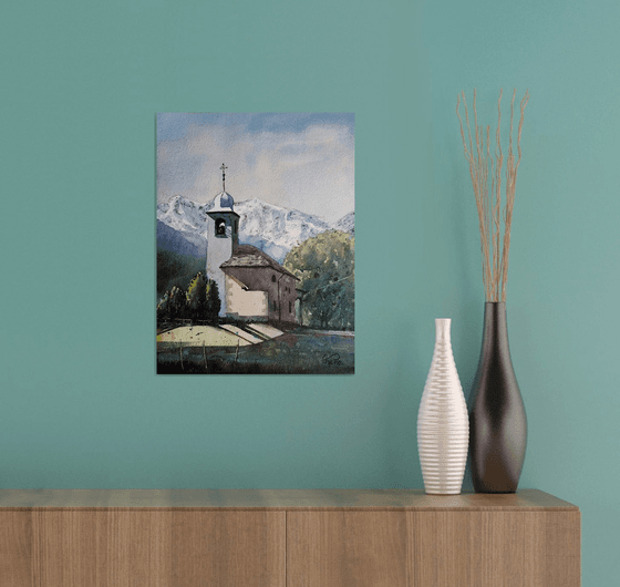 Small church from the 1600s in the Macugnaga valley with Monte Rosa in the background