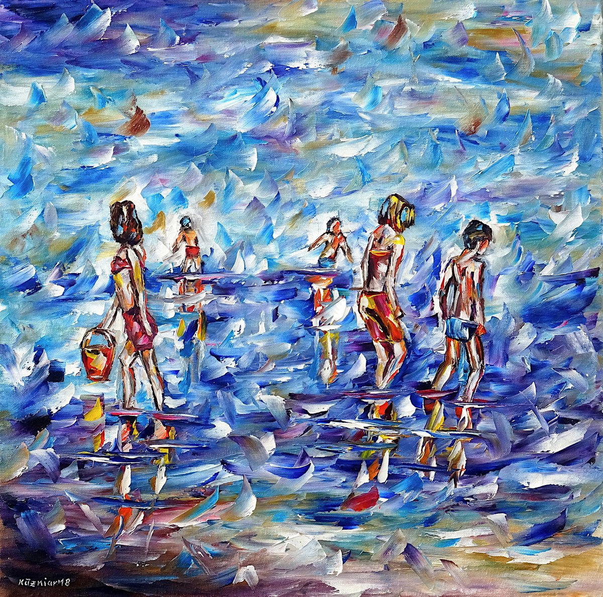 Expressive Oil Painting , Children By The Sea By Mirek Kuzniar, 20 X 20, Artwork For Sale On Artfinder