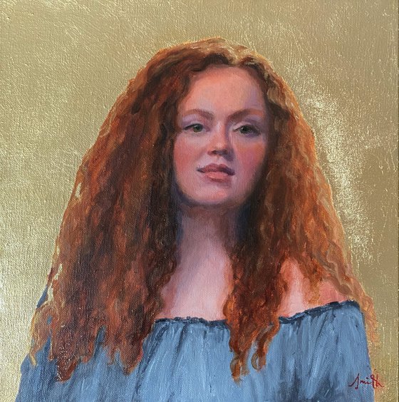 Classical Redhead Portrait with Gold-leaf : Contemporary Oil Painting.