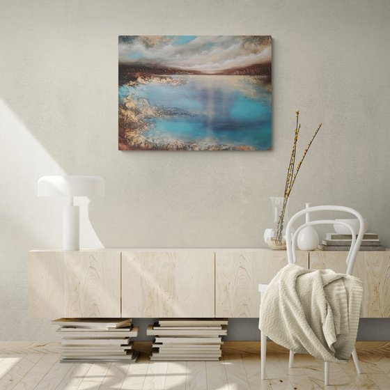 A large semi-abstract beautiful structured mixed media painting of a seascape with the sunrise "A new day" from "Silence" series