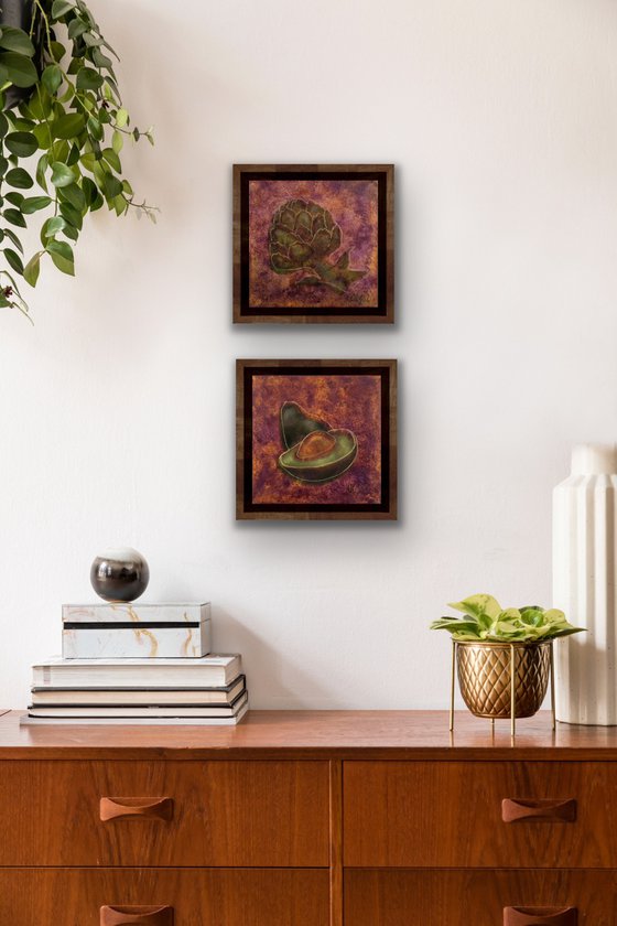 Diptych of small oil paintings with artichoke and avocado