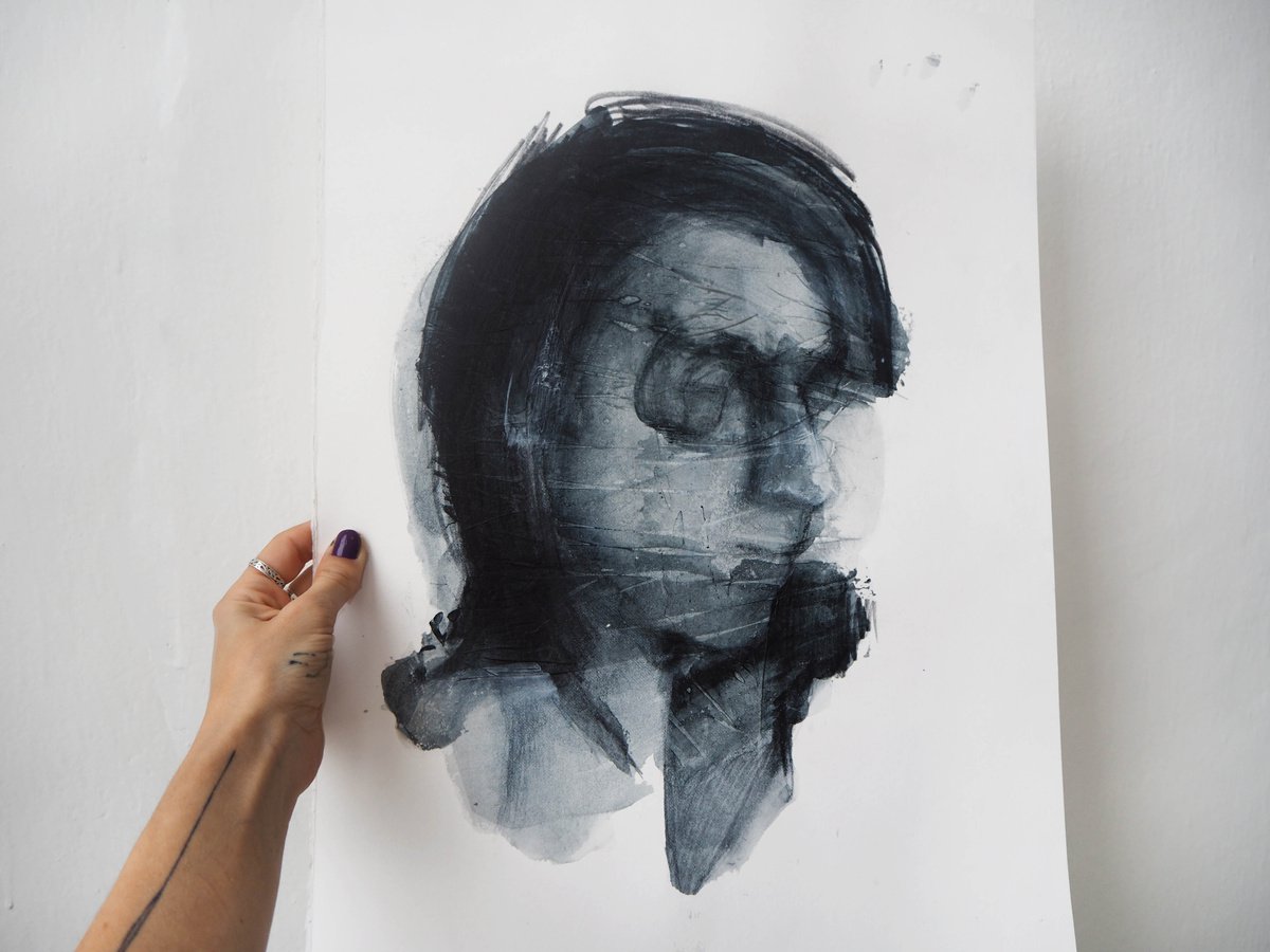 Expressive Portrait Drawing By Cynthia Gregorova, 13 X 18, No Title 19 (It´s Just In The Head), Original Artwork