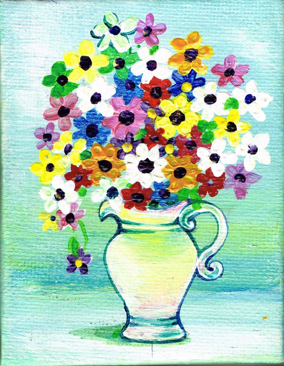 Flowers, Still Life, flowers in white vase original acrylic painting with easel