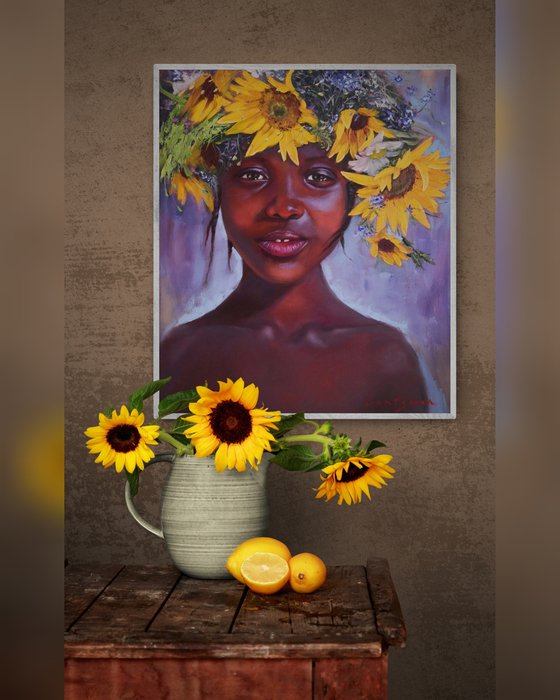 African american girl with flowers portrait