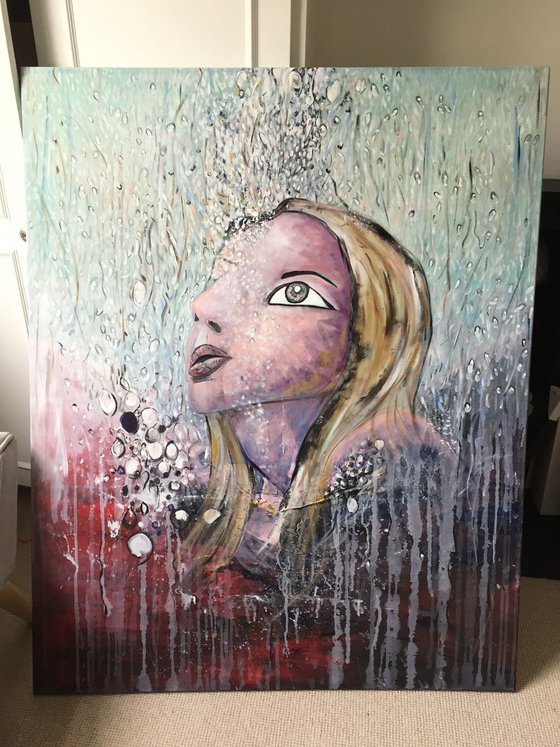 Rain Drops Acrylic Painting Large Canvas Art Original Artwork Woman Submerged 40"x50" Free Shipping