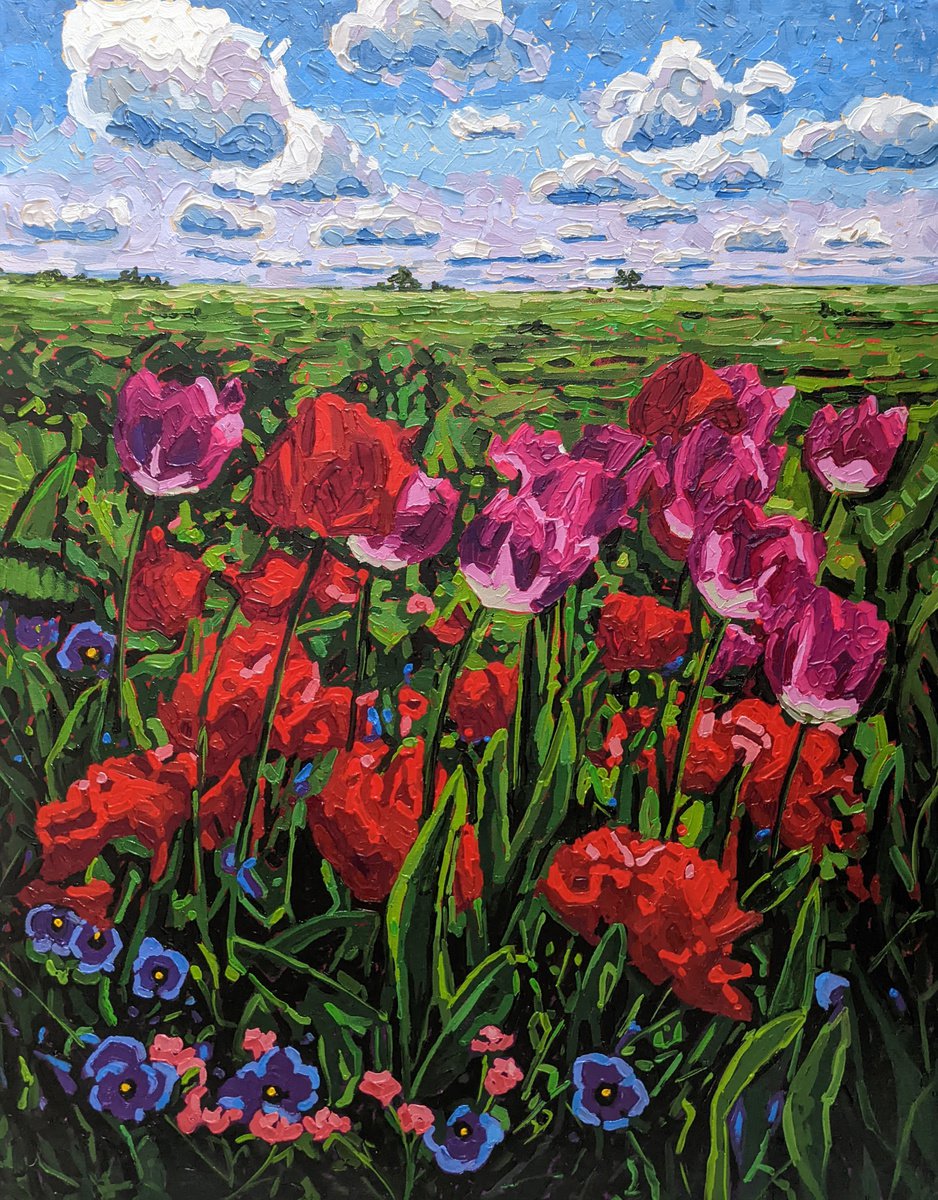 Impressionistic Landscape Oil Painting By Irinagoldenfish, 28 X 35, Tulips Holland 2, Original Artwork
