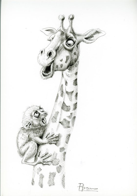 Giraffe and Tarsier - One-of-a-kind Art (with a white mat measuring 11x14 inches)