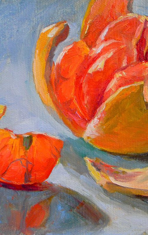 Grapefruit 1 (from the series "Citrus fruits on a blue background") by Liudmyla Chemodanova