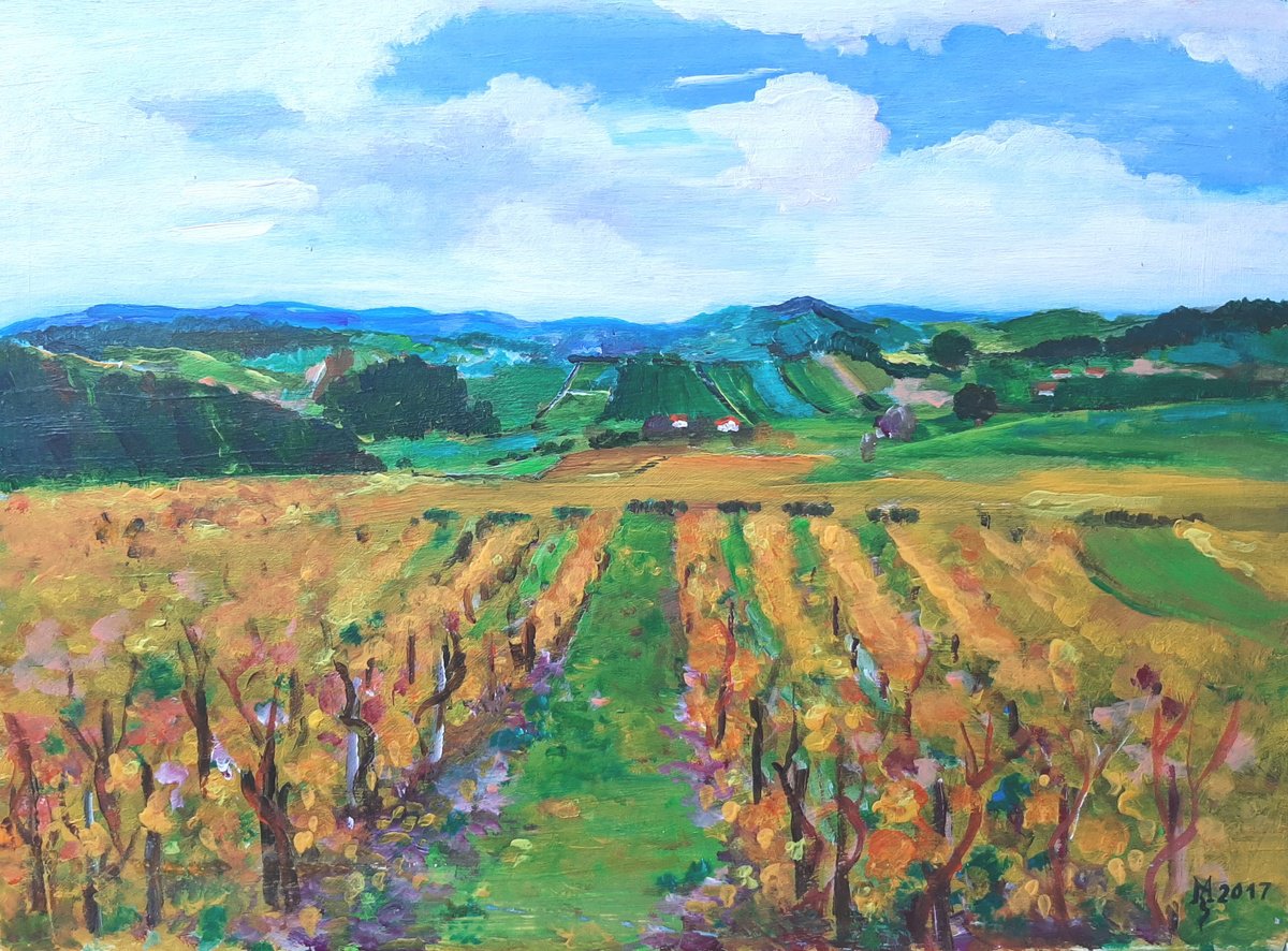 Impressionistic Landscape Acrylic Painting By Zoran Mihajlovic Muza, 15 X 11", Vineyard Ii, Original Artwork