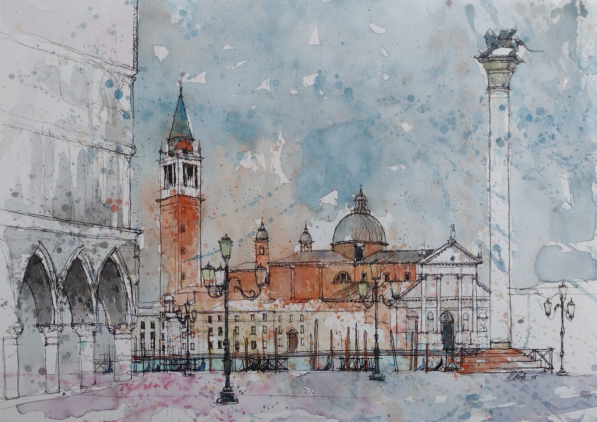 Impressionistic Cityscapes Watercolour By Roberto Ponte, 16 X 12", San Giorgio Viewed From Venice, Italy, Original Artwork