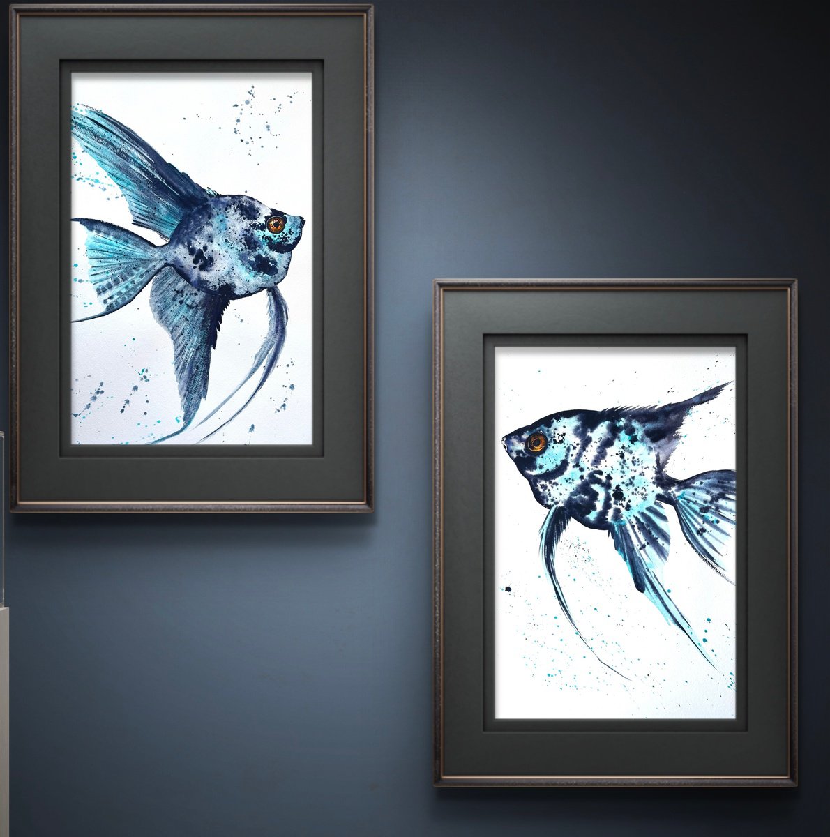 Impressionistic Animal Watercolour By Yuliia Sharapova, 31 X 20", Set Of 2 Exotic Blue Fish, Original Artwork