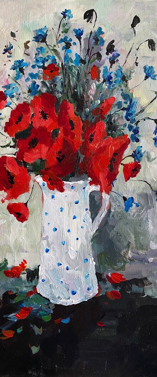 Sold Acrylic “Still life with poppies", perfect gift by Iulia Carchelan