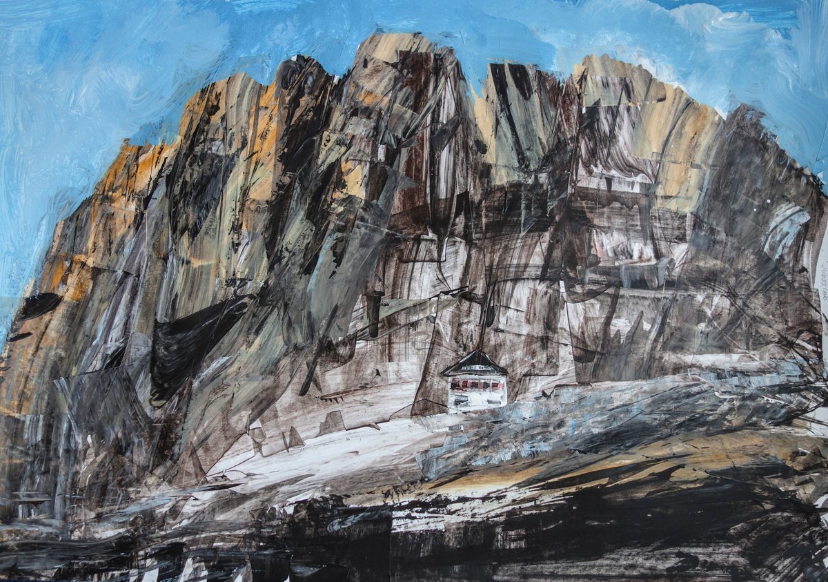 Abstract Landscape Acrylic Painting By Elizabeth Anne Fox, 33 X 23, Perched Refuge, Guissani Hut, Original Artwork