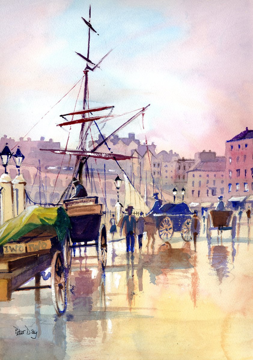 Impressionistic Landscape Watercolour By Peter Day, 13 X 17", Ramsgate Harbour, 1880, Original Artwork