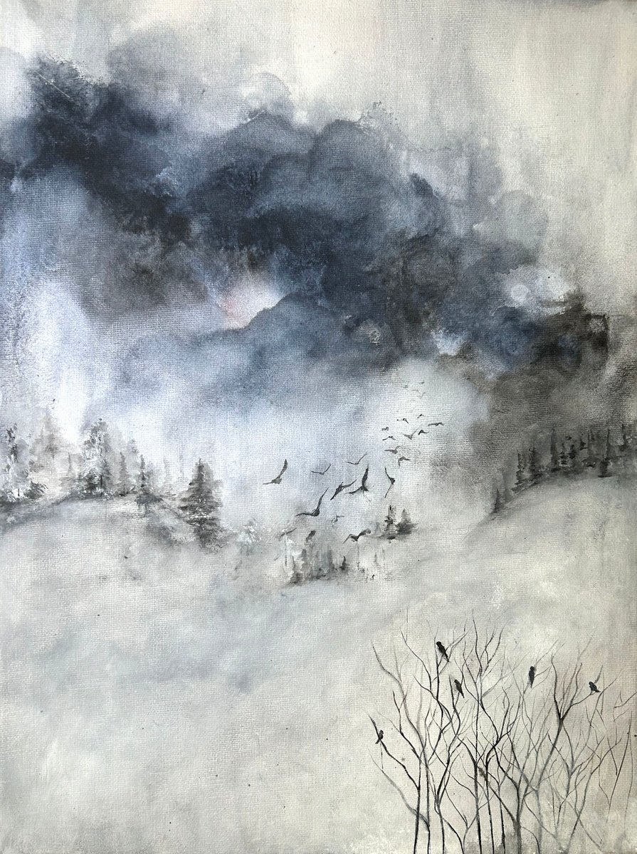 Abstract Acrylic Painting By Sapna Sharon, 12 X 16", Beginning Of A Winter Night, Original Artwork