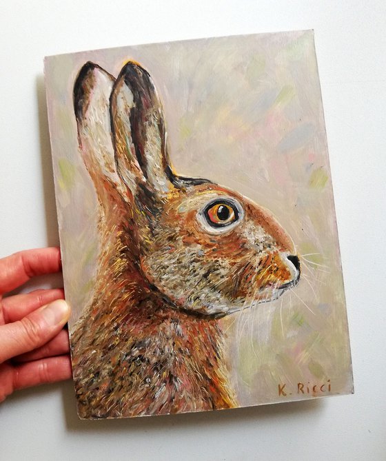 "Rabbit's Portrait" Original Oil Painting on Cardboard 7x9.5" (18x24cm)