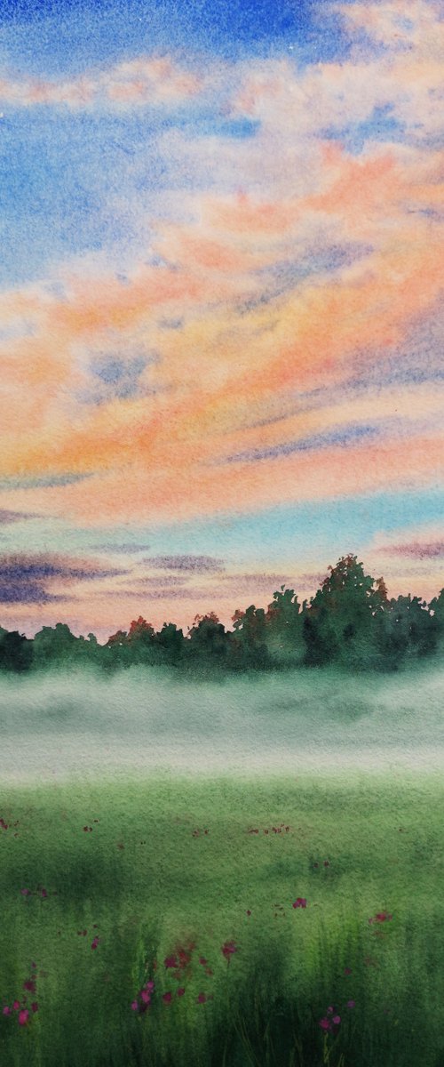 Mist on the Meadow by Olga Beliaeva Watercolour