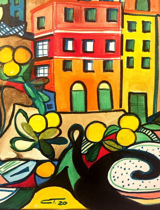 Riomaggiore from Lemon tree- original acrylic on canvas - 60 x 60 ccm / 24' x 24' inches