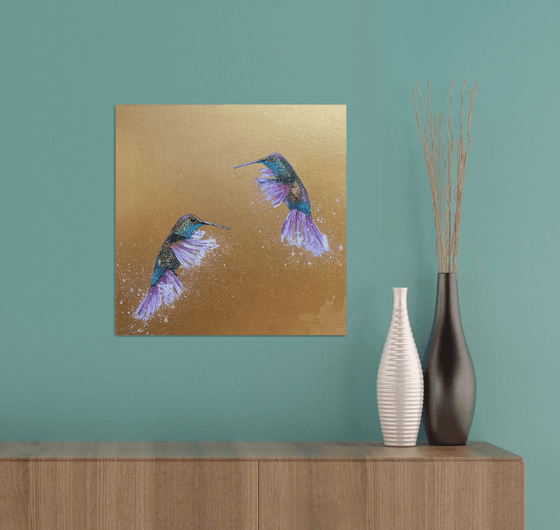 Two Hummingbirds on Gold