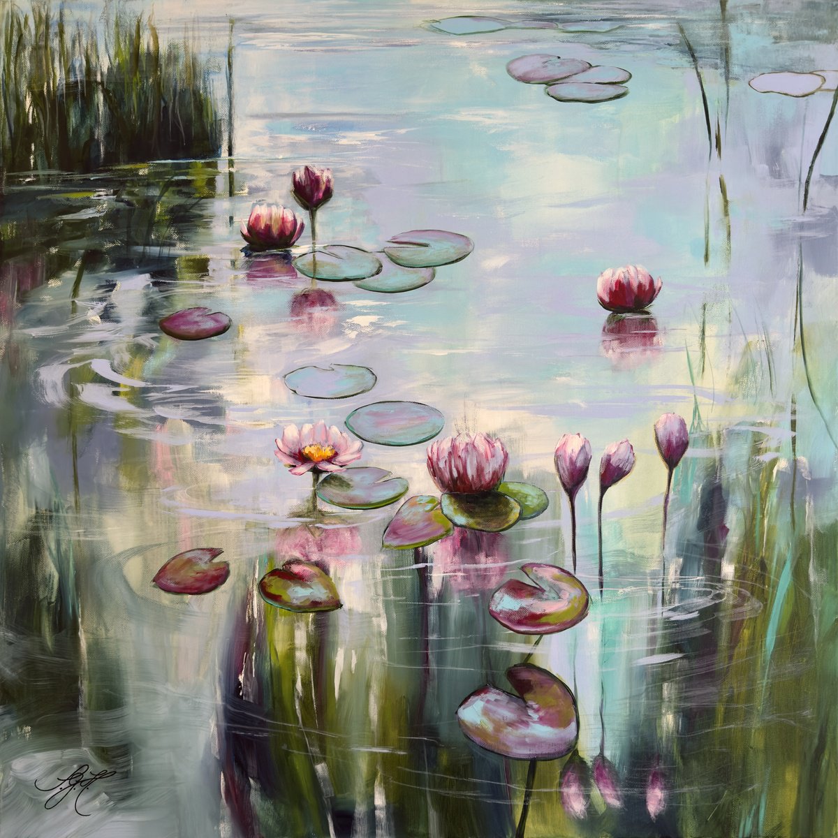 Impressionistic Botanical Acrylic Painting By Sandra Gebhardt-Hoepfner, 31 X 31", My Love For Water Lilies 9, Original Artwork