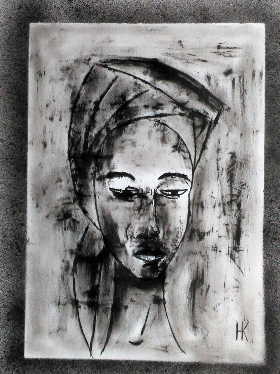 Woman portrait original oil monoprint on paper black monochrome art" In thoughts"