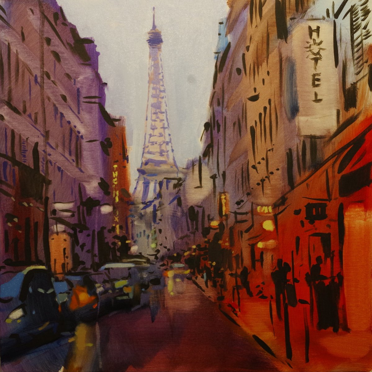 Impressionistic Cityscapes Oil Painting By Vygandas Doveika, 24 X 24", Paris In The Evening Ii, Original Artwork