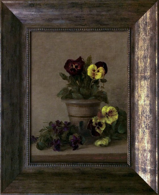 Pansies and violets from my garden, 30x40 cm, oil on canvas, 2018, original classic still life, handmade