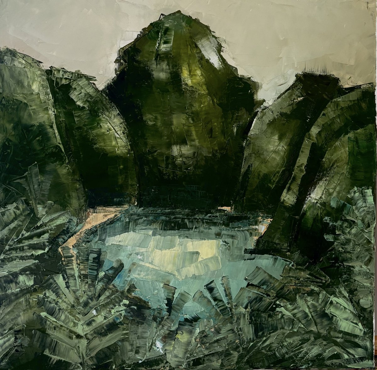 Expressive Oil Painting , Tropical Mountain Lagoon By Daniela Nocito, 20 X 20, Artwork For Sale On Artfinder