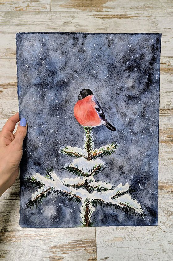 Winter Bullfinch on a Snowy Fir